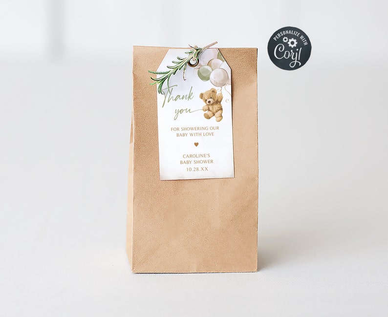 Editable Gender Neutral Bear Baby Shower Favor Tags, We Can Bearly Wait Baby Shower Gift Tag, Green Balloon Bear Shower Thank You Tags, 0526 image 1