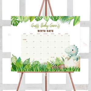 Bearbeitbarer Dinosaurier-Babyparty-Fälligkeitsdatumskalender, bald schlüpfen Niedlicher Dino-Babypartykalender, Neutrales Greenery-Dino-Fälligkeitsdatumsplakat, 01038