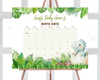 Könnte beinhalten: Ein druckbares Babyparty-Spielschild mit Dschungel-Thema. Das Schild hat einen Kalender mit dem Text "Errate Baby Gavins Geburtsdatum" und einen niedlichen Cartoon-Dinosaurier, der aus einem Ei schlüpft.