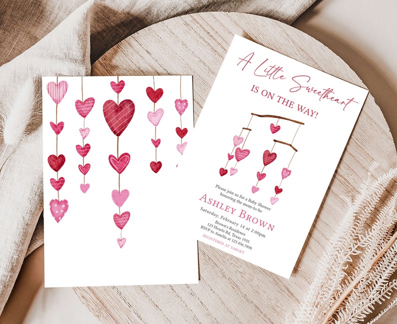 Editable Valentine Baby Shower Invitation Bundle, Pink Red Heart Baby Shower Invite Set, Girl A Little Sweetheart Baby Shower Invite, 0595 image 2
