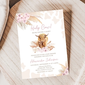Editable Boho Highland Cow Baby Shower Invitation, Pink Holy Cow Baby Shower Invite, Girl Highland Cow Boho Baby Shower Invitation, 0509