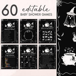 編集可能な「赤ちゃんが生まれる」ハロウィンベビーシャワーゲームバンドル、不気味なゴーストベビーシャワーゲームパック、魔女の大釜ベビーシャワーゲーム、01152