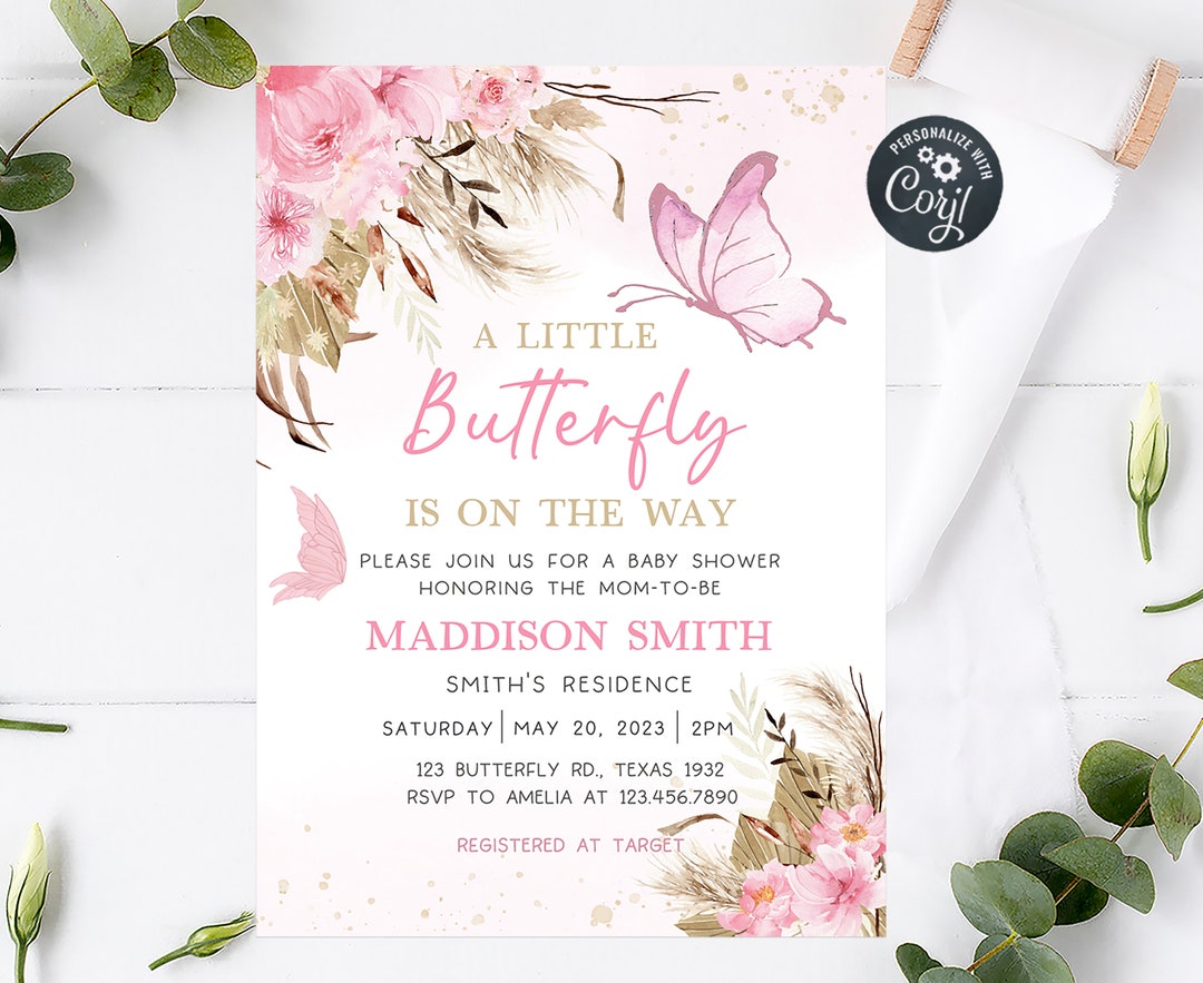 Editable Boho Butterfly Baby Shower Invitation, Pink Butterfly Shower ...