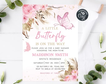 Editable Boho Butterfly Baby Shower Invitation, Pink Butterfly Shower Invite, Bohemian Baby Butterflies Invitation Printable Template 0234
