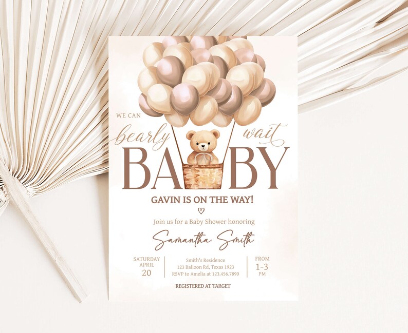 Editable Brown Bear Baby Shower Invitation, Boho Hot Air Balloons Baby Shower Invite, Neutral We Can Bearly Wait Baby Shower Invitation 0702 image 1