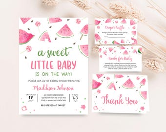 Editable Pink Watermelon Baby Shower Invitation Bundle, Watermelon Baby Girl Baby Shower Invite Set, A Sweet Little Baby Shower Invite 01073