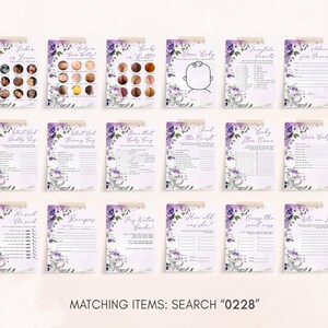 May include: A set of 12 printable baby shower game cards with purple floral designs. The games include "Who Said It", "Guess the Sweet Mess", "Baby Item Game", and more.