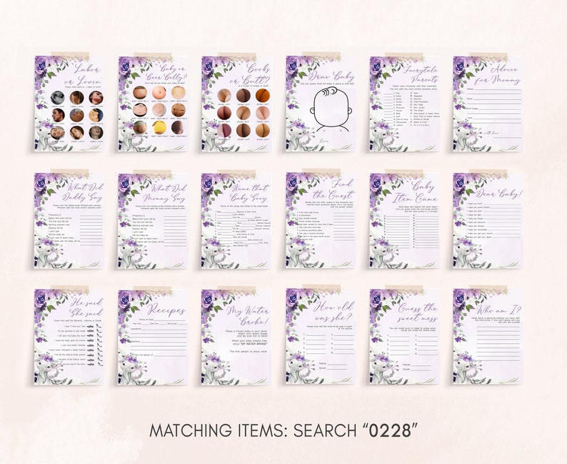 May include: A set of 12 printable baby shower game cards with purple floral designs. The games include "Who Said It", "Guess the Sweet Mess", "Baby Item Game", and more.