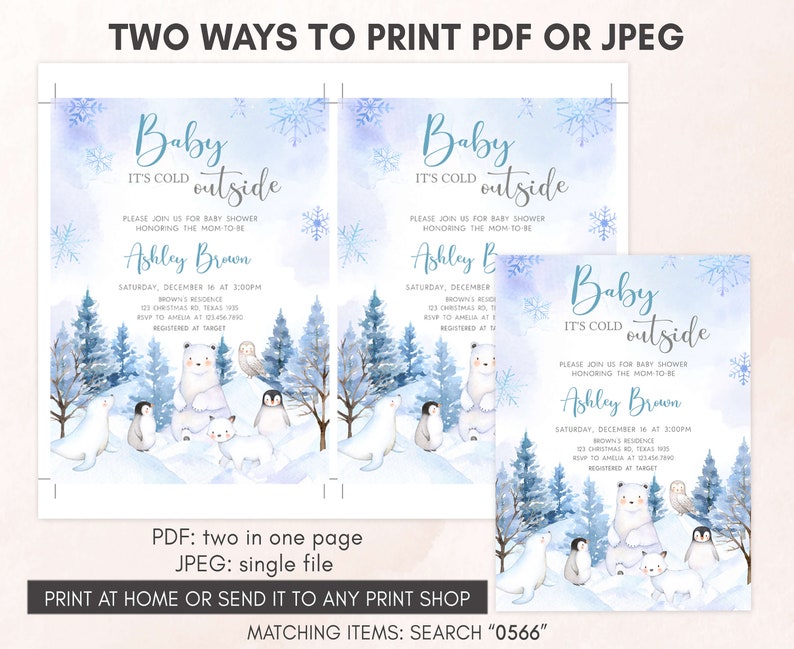 Editable Winter Arctic Animals Baby Shower Invitation, Blue Baby it's Cold Outside Baby Shower Invite, Boy Winter Baby Shower Invite, 0566 image 3