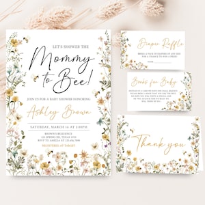 Editable Bee Baby Shower Invitation Bundle, Mommy to Bee Gender Neutral Baby Shower Invite Set, Wildflower Bee Baby Shower Invitation, 0639