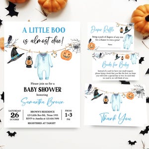 Editable A Little Boo is Almost Due Baby Shower Invitation Bundle, Boho Clothes Baby Shower Invite, Blue Halloween Baby Shower Invite, 0918