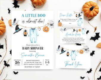May include: Baby shower invitation set with a Halloween theme. The invitation features the text "A Little Boo is almost due!" and includes a onesie, witch hat, and pumpkin illustrations. Additional cards include "Diaper Raffle", "Books for Baby", and "Thank You".