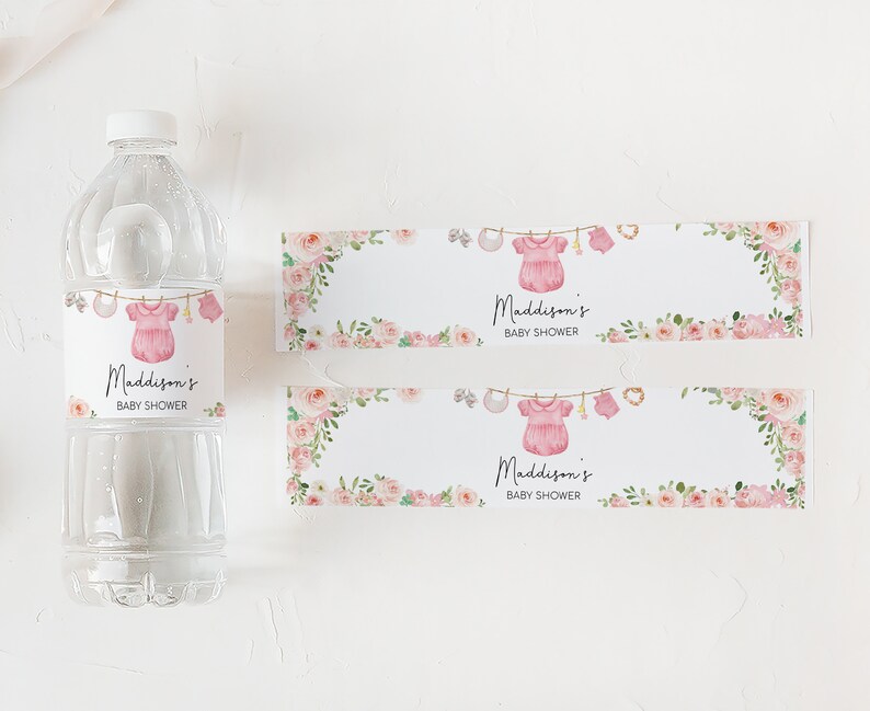 Editable Girl Baby Clothes Baby Shower Bottle Label, Pink Boho Baby Shower Water Labels, Sweet Baby Girl Baby Shower Bottle Stickers, 0649 image 3