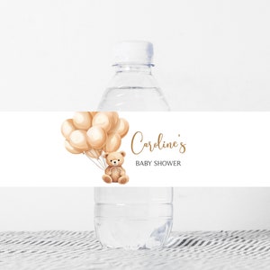 Editable Brown Bear Baby Shower Bottle Label, Teddy Bear Balloon Baby Shower Water Label, We Can Bearly Wait Baby Shower Bottle Sticker 0665 image 1