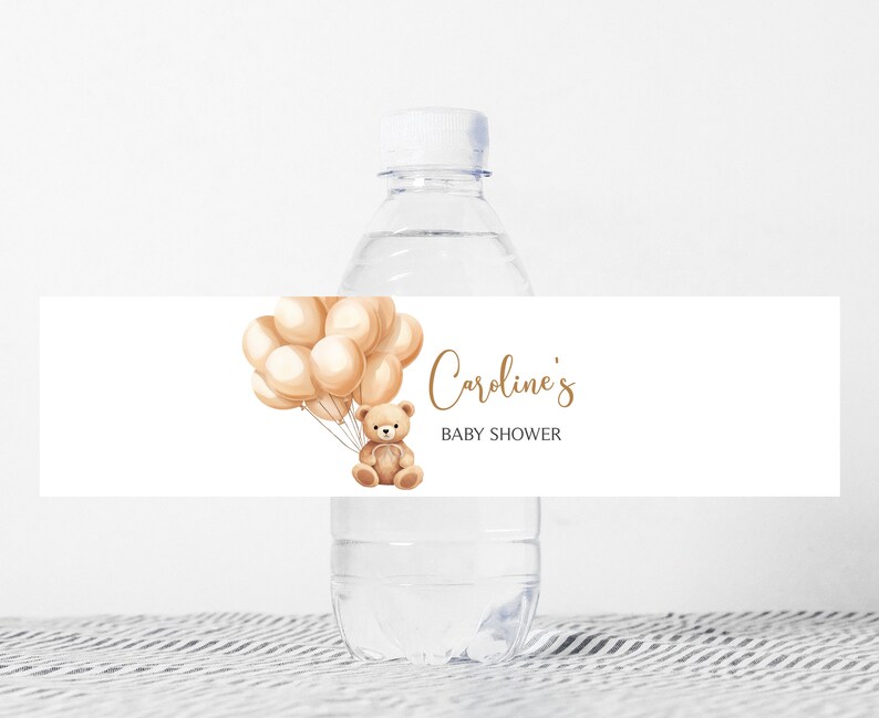 Editable Brown Bear Baby Shower Bottle Label, Teddy Bear Balloon Baby Shower Water Label, We Can Bearly Wait Baby Shower Bottle Sticker 0665 image 1