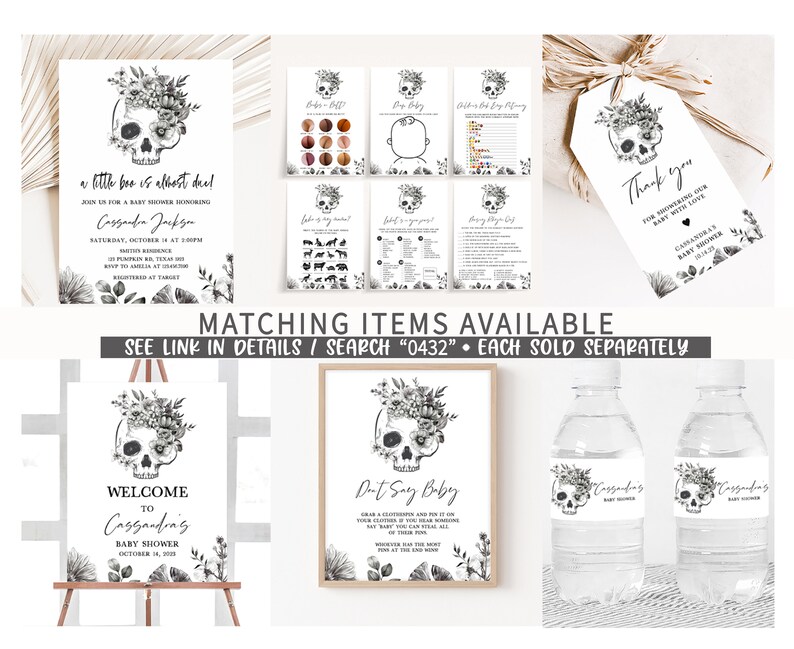 May include: A collection of baby shower decorations with a skull and floral design. Includes an invitation, game cards, a thank you tag, a welcome sign, a framed sign, and water bottle labels. The text reads "a little boo is almost due" and "Welcome to Cassandra's Baby Shower."