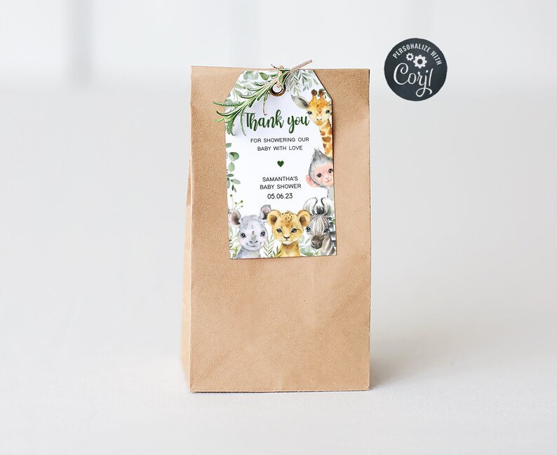 May include: A brown paper bag with a thank you tag attached. The tag features a watercolor illustration of jungle animals, green leaves, and the text "Thank you for showering our baby with love, Samantha's Baby Shower 05.06.23".