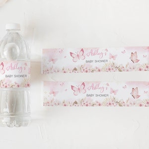Editable Pink Butterfly Baby Shower Bottle Label, Boho Floral Baby Shower Water Labels, Girl Pampas Grass Butterfly Bottle Stickers, 0689 image 3