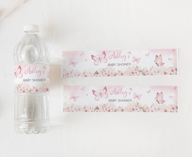 Editable Pink Butterfly Baby Shower Bottle Label, Boho Floral Baby Shower Water Labels, Girl Pampas Grass Butterfly Bottle Stickers, 0689 image 3