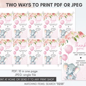 May include: Ten pink and white thank you tags with a gray elephant holding pink balloons. The text on the tags reads "Thank you for showering our baby with love, Madison's Baby Shower, 03.18.23".