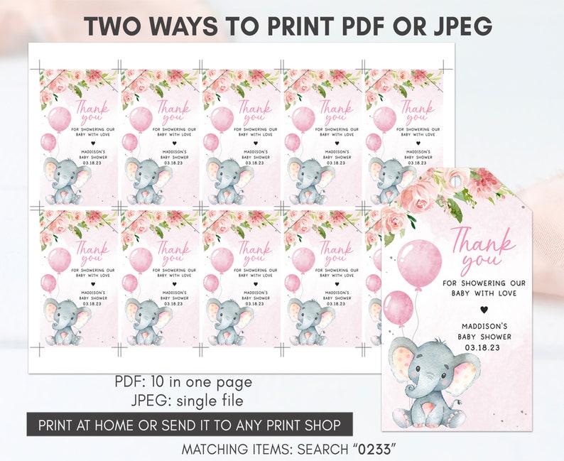May include: Ten pink and white thank you tags with a gray elephant holding pink balloons. The text on the tags reads "Thank you for showering our baby with love, Madison's Baby Shower, 03.18.23".