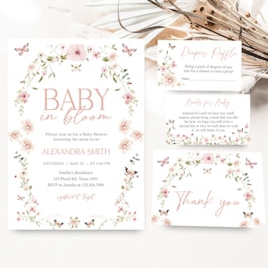 Editable Baby in Bloom Baby Shower Invitation Bundle, Butterfly Baby Shower Invite Set, Butterflies Wildflower Spring Girl Baby Shower, 0674 image 1
