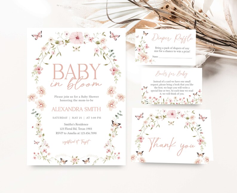 Editable Baby in Bloom Baby Shower Invitation Bundle, Butterfly Baby Shower Invite Set, Butterflies Wildflower Spring Girl Baby Shower, 0674 image 1
