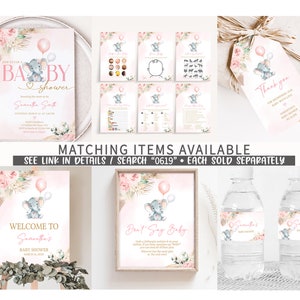 Editable Boho Elephant Baby Shower Due Date Calendar, Girl Pink Elephant Baby Shower Calendar, Pink Floral Pampas Grass Baby Shower, 0619 image 2