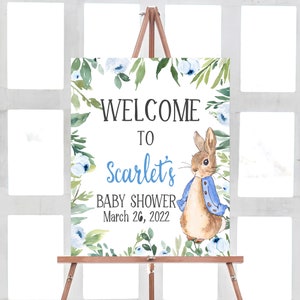 Peter Rabbit Baby Shower Welcome Sign, Blue Peter Rabbit Baby Shower Sign, Boy Baby Shower, Rustic Greenery Bunny Template 0175