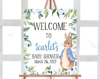 Peter Rabbit Baby Shower Welcome Sign, Blue Peter Rabbit Baby Shower Sign, Boy Baby Shower, Rustic Greenery Bunny Template 0175