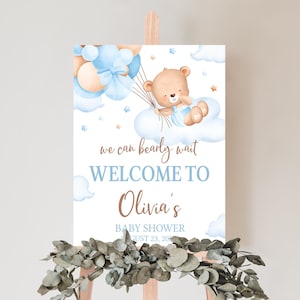 Editable We Can Bearly Wait Baby Shower Welcome Sign, Blue Teddy Bear Baby Shower Poster, Brown Bear Balloon, Boy Bow Baby Shower Sign 01101