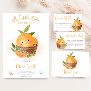 Editable A Little Cutie Baby Shower Invitation Bundle, Orange Baby Shower Invitation Set, Clementine Gender Neutral Citrus Invite Set, 01005