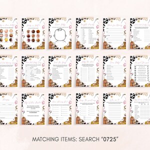 May include: A collection of baby shower game cards with a Western theme. Each card features a unique design with a cowboy boot, horseshoe, and cow print accents. The cards have various game titles and fill-in-the-blank sections. The text "MATCHING ITEMS: SEARCH "0725"" is at the bottom.