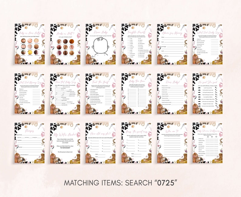 May include: A collection of baby shower game cards with a Western theme. Each card features a unique design with a cowboy boot, horseshoe, and cow print accents. The cards have various game titles and fill-in-the-blank sections. The text "MATCHING ITEMS: SEARCH "0725"" is at the bottom.