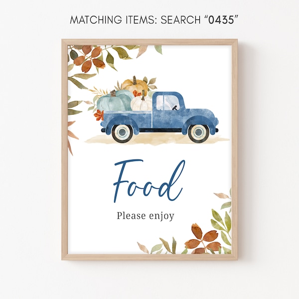 Blue Pumpkin Pickup Truck Baby Shower Food Sign, Fall Baby Shower Food Table Sign, Boy Autumn Food Party Sign Decor Printable Template 0435