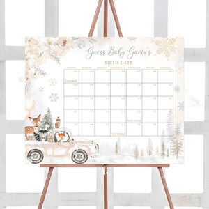 Editable Winter Woodland Baby Shower Due Date Calendar, Woodland Winter Baby Shower Calendar, Gender Neutral Baby it's Cold Outside, 0533 image 1