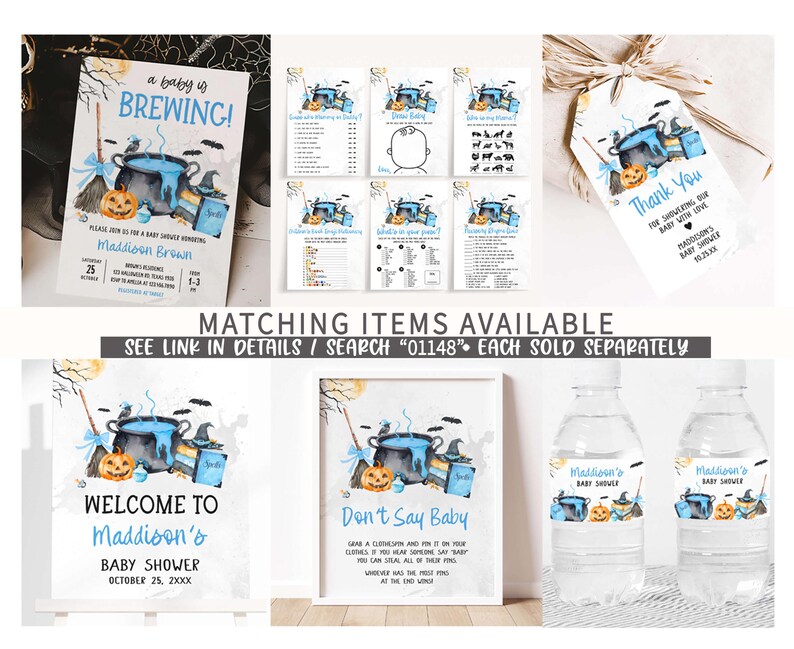 The image is a collage of various baby shower items, including a baby-themed invitation, a baby shower game, a baby shower thank you card, and a baby shower water bottle label.
