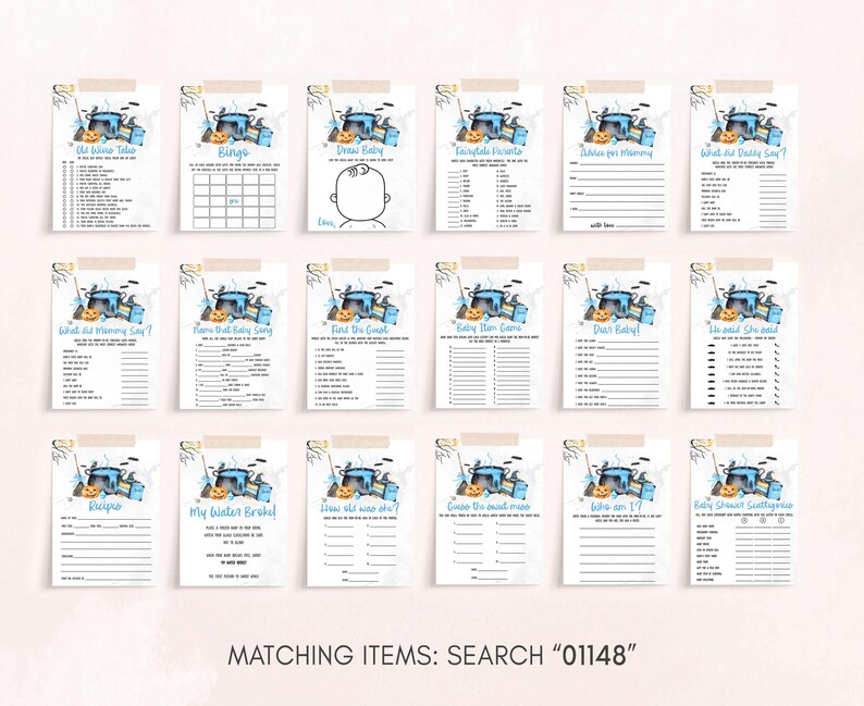 a collection of 16 different baby shower games and activities, each with its own unique title and instructions. The games are organized in a grid format, with each row representing a different game and each column representing a different category or type of game. The games are designed to be fun and engaging for guests attending a baby shower, with a focus on interactive and entertaining elements.