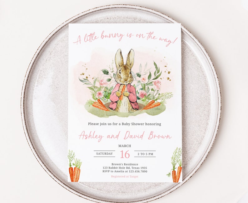 Editable Pink Peter Rabbit Baby Shower Invitation Bundle, Peter Rabbit Girl Baby Shower Invite Set, A Little Bunny Spring Baby Shower, 0626 image 3