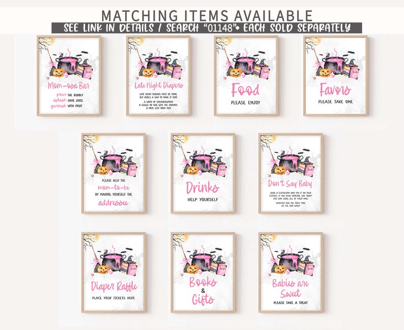 a collection of nine framed items, each with a different design and text, arranged in a grid pattern. The items appear to be related to Halloween or a similar theme, as indicated by the presence of pumpkins, bats, and other Halloween-related imagery. The text on the items is mostly decorative and does not provide specific information about the items themselves. The items are organized in a grid format, with three rows and three columns.