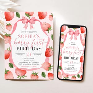 a pink and white strawberry themed birthday party