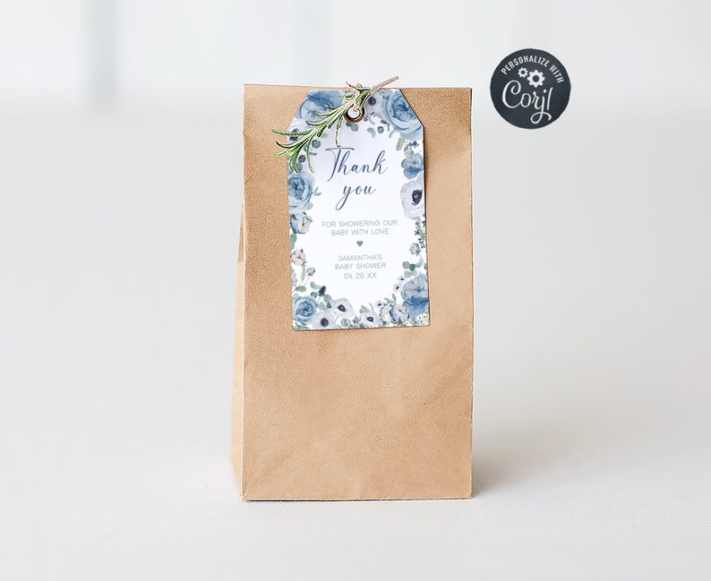 Etiqueta de chá de bebê azul editável em flor, etiqueta de presente de chá de bebê com flores de primavera para menino, etiqueta de agradecimento de chá de flores silvestres azul empoeirado, 0710 imagem 1