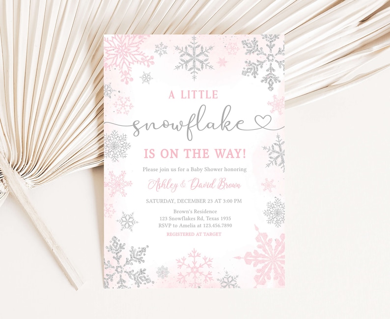Redigerbar rosa liten snöflinga babyshowerinbjudan, inbjudan till babyshower med vintersnöflinga för flicka, mall för inbjudan till vinterbabyshower, 0536 bild 1