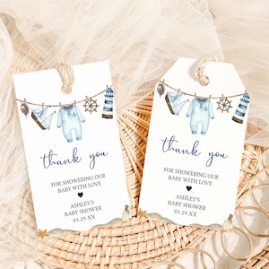 Editable Ahoy It&#39;s a Boy Nautical Baby Shower Favor Tag, Baby Clothesline Anchor Baby Shower Gift Tags, Sea Baby Shower Thank You Tag 01067
