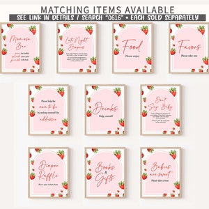 K&ouml;nnte beinhalten: Neun druckbare Schilder mit rosa Hintergrund und Erdbeerillustrationen. Die Schilder haben Text, der lautet "Mom-osa Bar", "Late Night Diapers", "Food", "Favors", "Please help the mom-to-be by making yourself the addressee", "Drinks", "Don't Say Baby", "Diaper Raffle", "Books & Gifts", und "Babies are sweet".