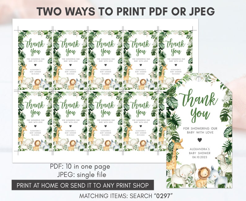 Editable Safari Baby Shower Favor Tags, Greenery Jungle Baby Shower Gift Tag, Wild One Safari Animals Baby Shower Thank You Favor Tags, 0297 image 3
