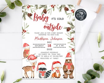 Editable Winter Woodland Baby Shower Invitation Woodland Animals Baby Shower Invite Rustic Christmas Baby It's Cold Outside Invitation 0221