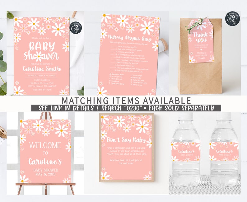 May include: A set of printable baby shower party decorations featuring a pink and white daisy pattern. The set includes a welcome sign, a game card, a thank you tag, and water bottle labels. The text on the welcome sign reads "Welcome to Caroline's Baby Shower May 6, 2023". The game card is a nursery rhyme quiz. The thank you tag says "Thank you". The water bottle labels say "Caroline's Baby Shower".