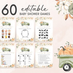 Editable Little Pumpkin Truck Baby Shower Games Bundle, Gender Neutral Fall Pumpkin Baby Shower Game Pack, Boho Fall Green Truck Games 0477