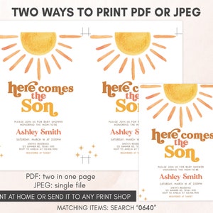 Editable Sunshine Baby Shower Invitation, Here Comes the Son Baby Shower Invite, Retro Sun Baby Shower Invite, Boy Boho Sunshine Invite 0640 image 3